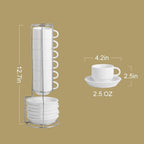 Sweejar Porcelain Espresso Cup & Saucer Set, Stackable Demitasse Cups with Metal Stand, 2.5 OZ for Latte,Coffee,Cafe Mocha,Tea, Set of 6(White)