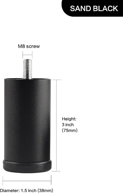 4-Pack 3 Inch Black Furniture Cabinet Metal Cylinder Risers Legs M8 Screw in - Image 2