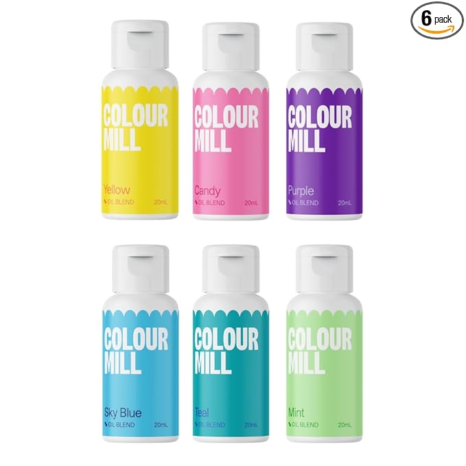 Colour Mill Pool-Party Pack Oil-Based Food Coloring, 20 Milliliters Each of 6 Colors: Candy, Mint, Purple, Sky Blue, Teal and Yellow 4.08 Fl Oz 120 milliliters