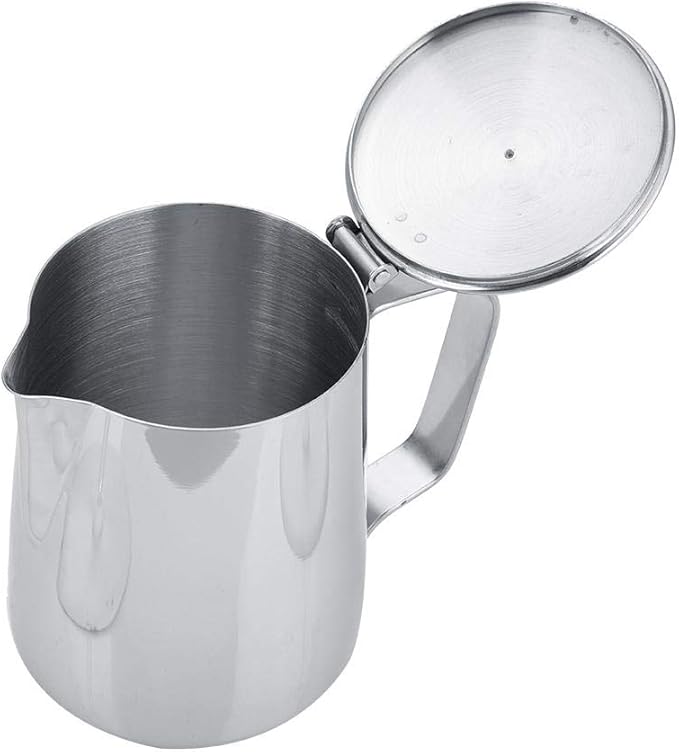Stainless Steel Coffee Cup Mug Milk Frothing Pitcher Jug with Lid for Latte Coffee Art for Office Kitchen with handle(350mL)