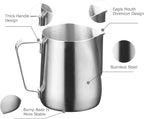 4Pieces Stainless Steel Milk Frothing Pitcher Set, Latte Art Barista Steaming Pitchers Set -Include Milk Frother Cup, Latte Art Pen, Powder Shaker, 5pcs Coffee Decorating Stencils (350ml/11oz)