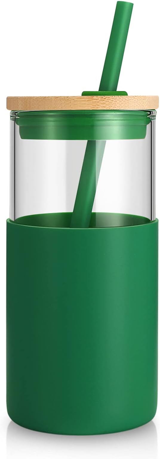 Tronco 16 oz Glass Tumbler with Straw and Bamboo Lid, Iced Coffee Cup Reusable, Smoothie Cups, Tumbler with Silicone Protective Sleeve - BPA Free