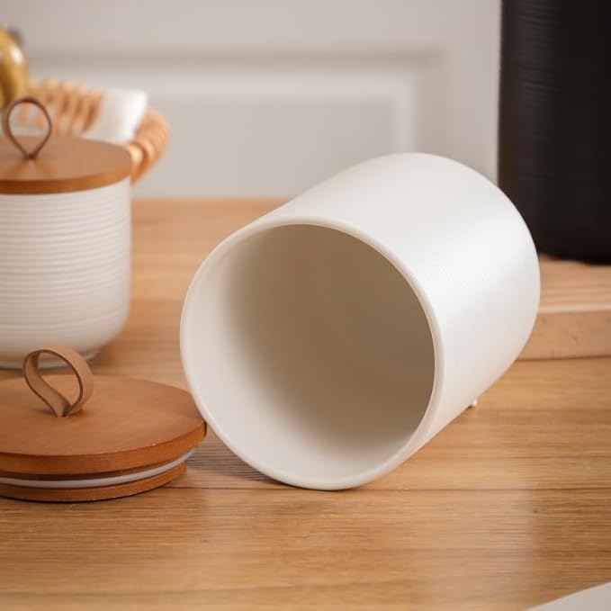 Food Storage Jar Strong Ceramic Storage Canisters with Airtight Wooden Lid,Kitchen Storage Containers for Serving Coffee Beans, Tea, Sugar, Salt, Spices (Little white)