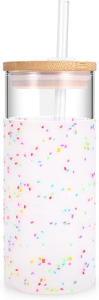 Tronco 20 oz Glass Tumbler Glass Water Bottle Straw Silicone Protective Sleeve Bamboo Lid - BPA Free (Colorful spots/ 1pack)
