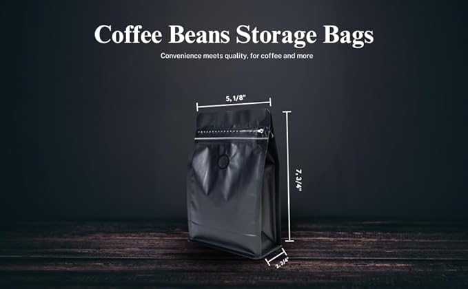 Premium Coffee Bags with Valve (100 pcs, 8 oz) Standing Coffee Beans Storage Bags, Reusable Heat Sealable Side Zipper Pouches, Eco-Friendly Packaging, Perfect for Home and Office - Black