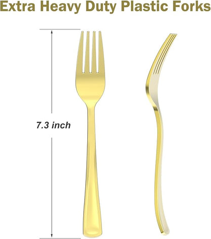 100 Count Heavy Duty Gold Plastic Forks Disposable, BPA-Free, Heat Resistant, Solid and Durable Premium Plastic Disposable Forks for Party Supply