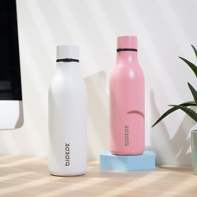 BJPKPK Insulated Water Bottles, 18 oz Stainless Steel Metal Water Bottle with Strap, BPA Free Leak Proof Thermos, Mugs, Flasks, Reusable Water Bottle for Sports & Travel, White