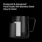 watchget Milk Frothing Pitcher 350ml/600ml/900ml/1500ml (12oz/20oz/32oz/52oz) - Stainless Steel Espresso Steaming Pitcher for Cappuccino, Latte Art, Milk Jug Coffee Frother Cup, Black