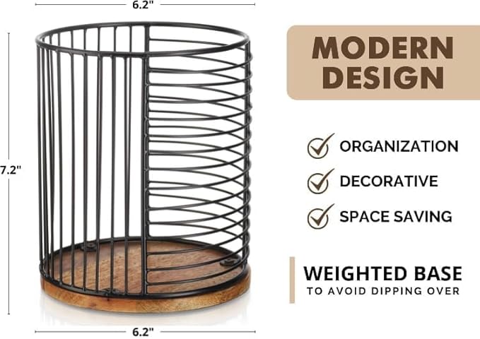 MosJos Coffee Pod Storage Holder, Metal Wire Basket with Wood Base, Countertop Coffee Capsule Organizer (89357)