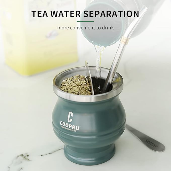 Stainless Steel Modern Yerba Mate Drinking Cup Set - 180 ml, Includes Bombilla Straw, Cleaning Brush, Blue