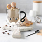 ecooe Cute Cat Mug Glass Coffee Cup 9.8oz Double Walled Glass Mug Cappuccino Latte Glass Cup with Handle Spoon, Milk Tea Cat Cup Birthday Christmas Valentine's Day Gifts for Women Girls Kids Friends