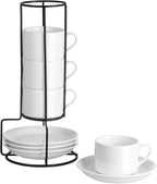 4oz Porcelain Stackable Espresso Cups with Saucers and Metal Stand Set of 4, Stackable Cappuccino Cups, White Expresso Shots Cup Set for Coffee Drinks, Latte, Americano, Tea