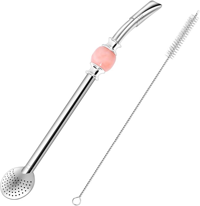 Reusable Bombilla Yerba Mate Straw - Stainless Steel Removable Spoon Style Filter with a Beautiful Bead - Metal Straw for Drinking Loose Leaf Tea - Includes Cleaning Brush(Pinks)