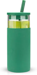Tronco 20 oz Glass Tumbler With Lids and Straws, Reusable Smoothie Cups With Silicone Lid, Iced Coffee Cup With Silicone Protective Sleeve, Dishwasher Safe- BPA Free（Blackish Green 1 Count）