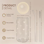 Heart 16oz Can Glass Tumbler with Acrylic Lid & Straw, Iced Coffee Cup for Women, Aesthetic Cups Gifts for Birthday Christmas Valentine