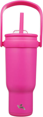 40 oz Tumbler with Side Handle, Insulated Water Bottle with Straw and 2 in 1 Lid, Stainless Steel Cup Travel Coffee Mug for Sports Office Gym,Fuchsia