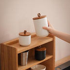 Food Storage Jar Strong Ceramic Storage Canisters with Airtight Wooden Lid,Kitchen Storage Containers for Serving Coffee Beans, Tea, Sugar, Salt, Spices (White three-piece suit)