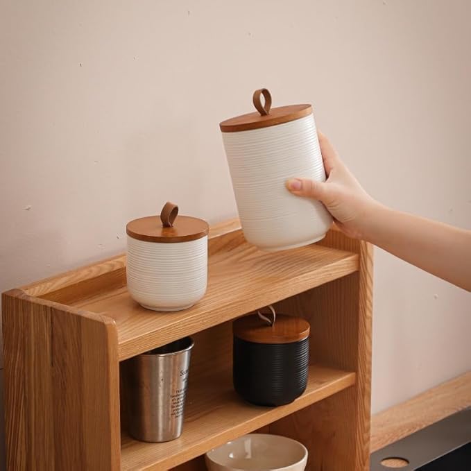 Food Storage Jar Strong Ceramic Storage Canisters with Airtight Wooden Lid,Kitchen Storage Containers for Serving Coffee Beans, Tea, Sugar, Salt, Spices (Little white)