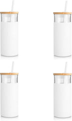 Tronco 20 oz Glass Tumbler Glass Water Bottle Straw Silicone Protective Sleeve Bamboo Lid - BPA Free -White/4 Pack