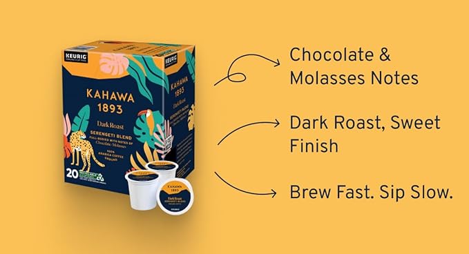 Kahawa 1893 Dark Roast Coffee K-Cup Pods Serengeti Blend (20 Count) - As Seen on Shark Tank, Low Acid, High Antioxidants, Naturally Sweet, Organically Grown, Ethically & Sustainably Sourced