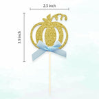 24pcs Pumpkin Cupcake Toppers, Fall Theme Cake Decoration for Baby Shower Party Supplies (Blue Bow)
