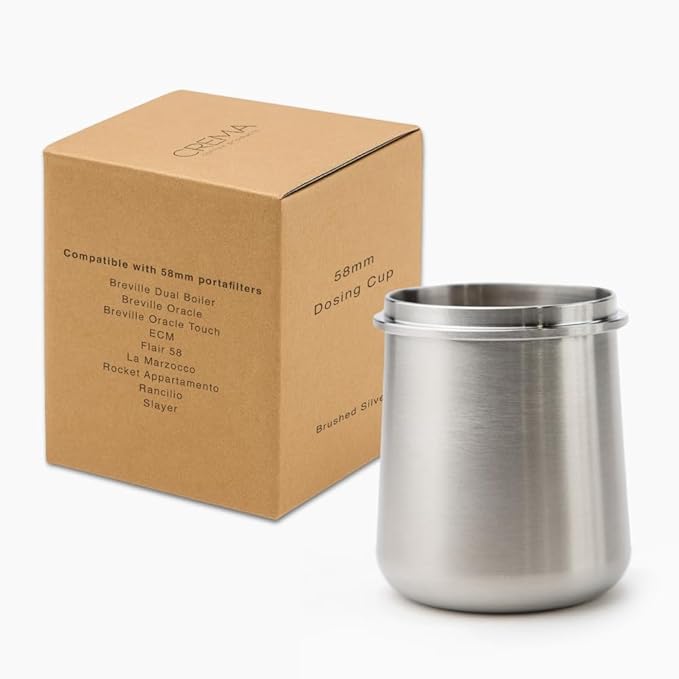Crema Coffee Products 58mm Dosing Cup | Compatible with Breville Portafilters etc | Durable 100% Stainless Steel | Built-In Grinder Tab for Easy Transfer | Sleek, Mess-Free Design | Silver Finish