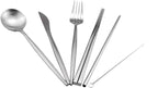 Gugrida Reusable Travel Utensils, 7 Pieces Portable 18/10 Stainless Steel include Knife Fork Spoon Chopsticks Cleaning Brush Straws Portable Pouch, Eco-friendly Camping Silverware Set, Dishwasher Safe