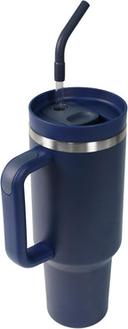 40 oz Water Bottle with Handle & Straw – Insulated Stainless Steel Bottle, Leakproof, Fits in Cup Holder – Reusable Cold Drink Thermos for Women & Men (Blue)