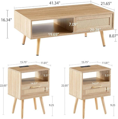 Rattan Center Table and Nightstand Set, 3-Piece Wood Living Room Table Set - Image 3