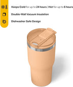 RTIC 30oz Essential Tumbler with Lid, Insulated, Stainless Steel, Metal, Double Wall Vacuum-Insulation, Ceramic Lined, Travel Cup for Iced Coffee, Tea, Hot and Cold Drink, Peach Tea
