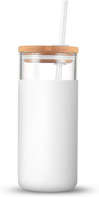 Tronco 20 oz Glass Tumbler Glass Water Bottle Straw Silicone Protective Sleeve Bamboo Lid - BPA Free - White Amber/ 2 Pack