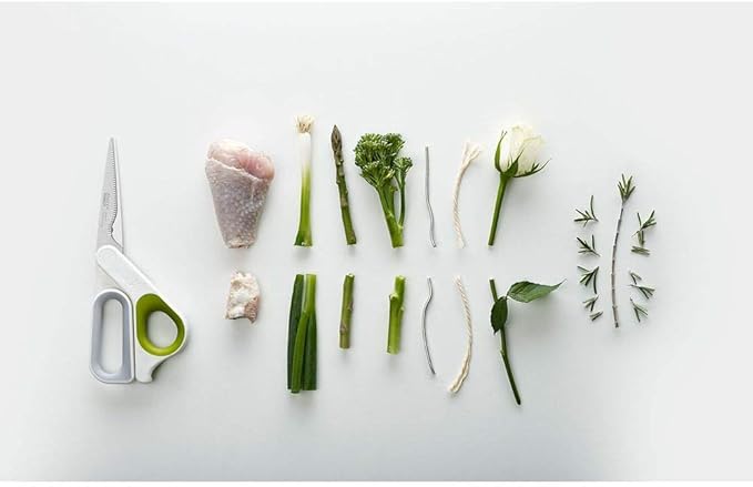 Joseph Joseph PowerGrip Kitchen Shears Scissors with Thumb Grip and Herb Stripper Separates for Cleaning Japanese Stainless-Steel, White/Green