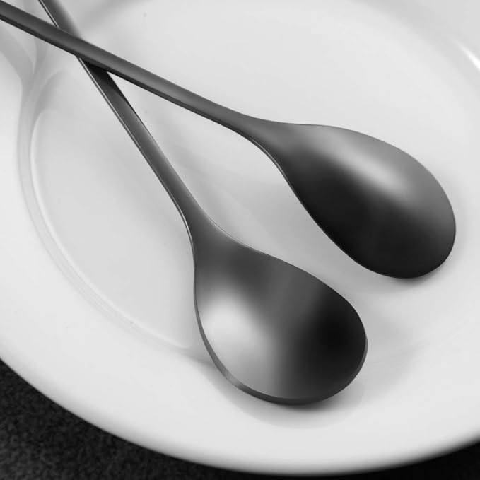 AnSaw 8-Pack Elegant Black Leaf 4.7" Espresso Spoons - Stainless Steel, Perfect for Coffee, Demitasse, Dessert & Tea, Mini Size for Small Servings