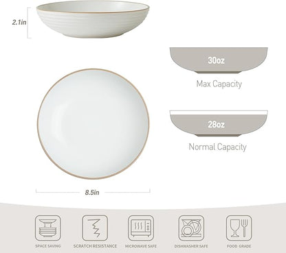 famiware Jupiter Pasta Bowls, 30 OZ Large Salad Bowls Set of 4, Microwave and Dishwasher Safe, Sturdy and Stackable, Serving Bowls for Kitchen, White