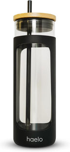 haelo 20oz Glass Tumbler Water Bottle, Iced Coffee Cup with Straw, Silicone Protective Sleeve, Bamboo Lid Reusable BPA Free (Black)