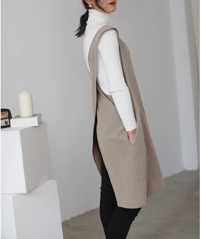 Cotton Linen Japanese Apron Halter Cross Back Bandage X Shape Aprons Two Pockets