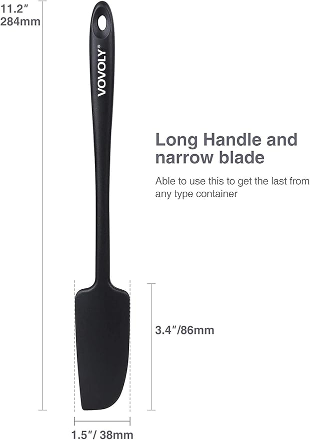 2-Pack Vovoly Silicone Jar Spatulas, Small Seamless Design Rubber Scraper with Stainless Steel Core, Heat Resistant and Non-Stick Mini Spatula for Jars and Blenders, BPA Free,11 IN, Black