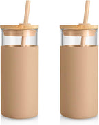 Tronco 20 oz Glass Tumbler Glass Water Bottle Straw Silicone Protective Sleeve Bamboo Lid - BPA Free- Amber/2 Pack