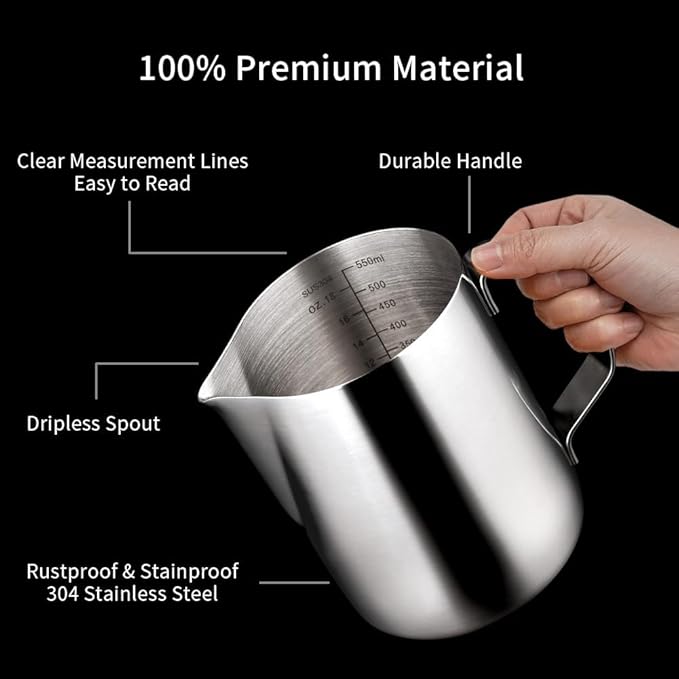 watchget Stainless Steel Milk Frothing Pitcher 20oz/600ml - Espresso Steaming Pitcher for Cappuccino, Latte Art, Coffee Machine Accessories Milk Jug Coffee Frother Cup, Silver
