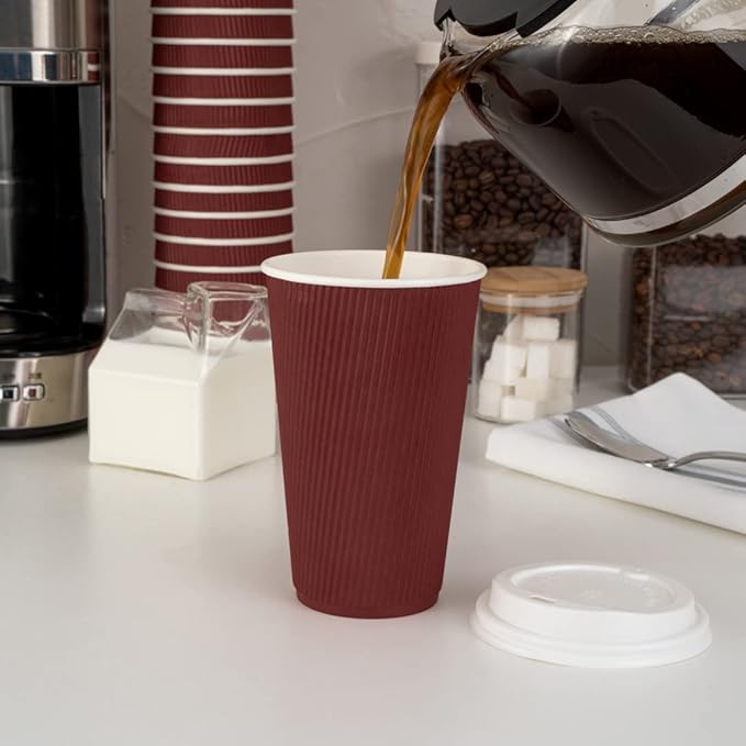 Restaurantware 12 Ounce Double Wall Disposable Coffee Cups, 500 Insulated Crimson Paper Tumblers with Rolled Rim Design, Lids Sold Separately for Hot Drinks like Tea, Hot Chocolate and More