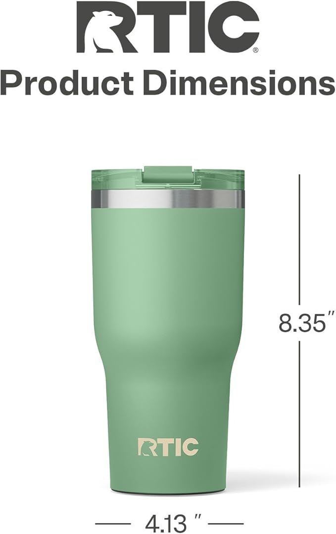 RTIC 30oz Essential Tumbler with Lid, Insulated, Stainless Steel, Metal, Double Wall Vacuum-Insulation, Ceramic Lined, Travel Cup for Iced Coffee, Tea, Hot and Cold Drink, Sage