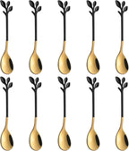 AnSaw Small Coffee Spoon Holder Set,Black Swan Base With 10 Pcs Black & Gold Demitasse Espresso Spoons Set,4.7" Mini Leaf Dessert Spoon,Stainless Steel Tea Spoons