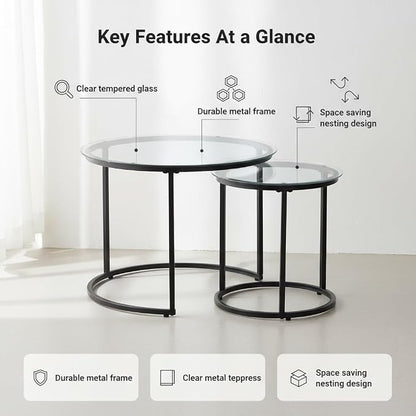 Round Nesting Coffee Table Set of 2, Modern Glass Nesting Tables, Stacking - Image 3