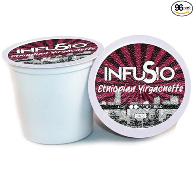 InfuSio Coffee Pods 96 Count Ethiopian Yirgacheffe Gold Medium Light Roast Single serve Coffee pods for Keurig K Cup® Brewers - InfuSio Premium Roasted Keurig 2.0 Compatible