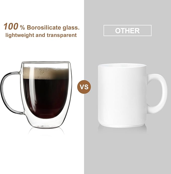 Aurzen 2 Pack Double Walled Glass Coffee Mugs with Handles, Large Insulated Layer Coffee Cups, 12oz Clear Borosilicate Mugs, Perfect for Cappuccino, Tea, Microwave Safe