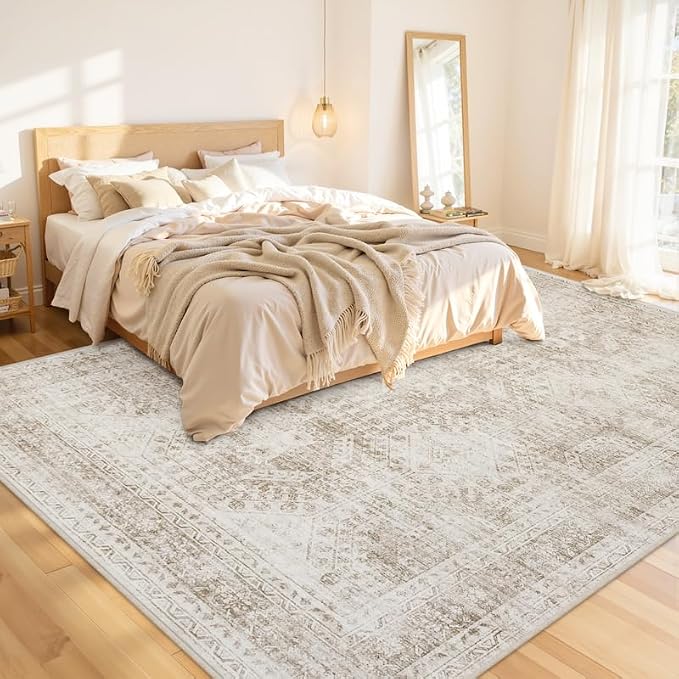 10x14 Area Rugs Living Room: Bedroom Neutral Washable Carpet Brown | Vintage - Image 2