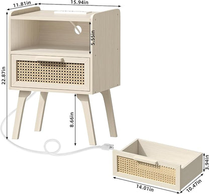 Lerliuo Rattan Nightstand with Charging Station, Side Table with Drawer Open - Image 3