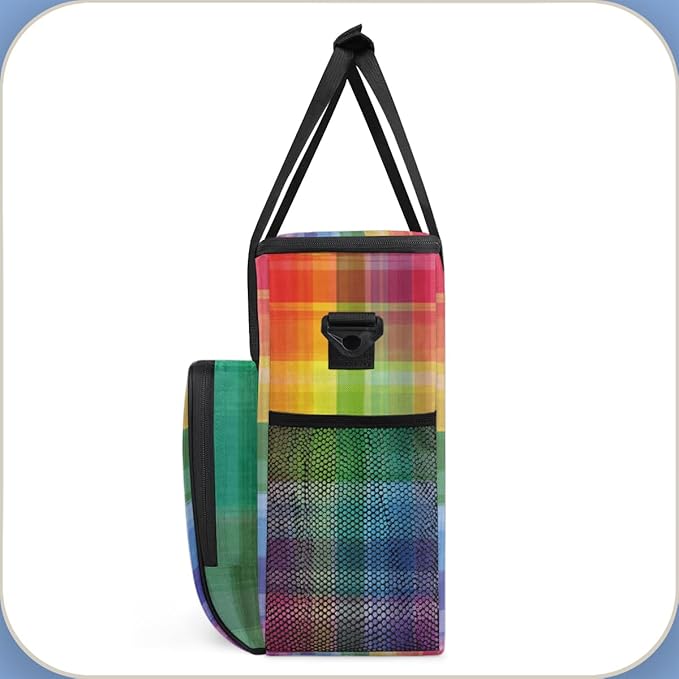 Colorful Rainbow Plaid Coffee Maker Carrying Bag, Coffee Machine Travel Storage Tote Bag Compatible with K-Mini or K-Mini Plus, Portable Single Serve Coffee Brewer Case with Pockets, for K-Cup Pods