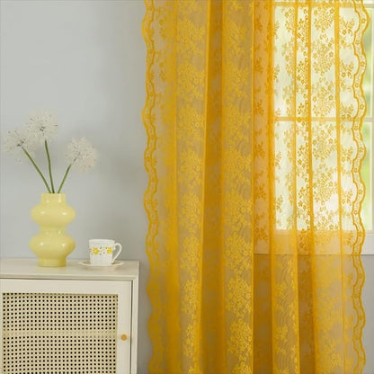YJ YANJUN Vintage Lace Curtains 96 Inches Long-Victorian Floral Mustard Yellow - Image 3