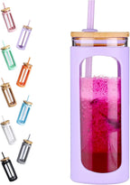 Kodrine 20oz Glass Water Tumbler with Straw and Lid, Bamboo Lids Water Bottle, Iced Coffee Cup Reusable, Wide Mouth Smoothie Cups with Protective Silicone Sleeve BPA FREE-Purple